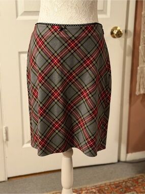 Mango Gray Plaid A-Line Skirt with Red and Yellow Accents
